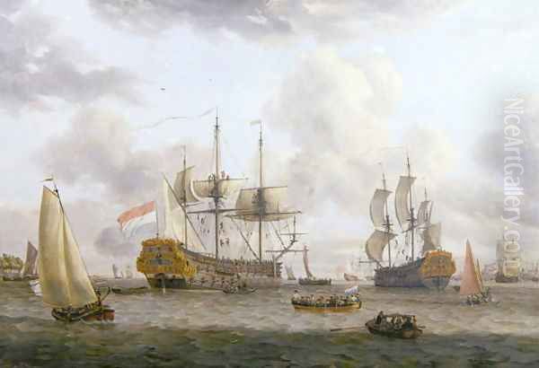 Dutch Shipping Scene in a Wide Estuary Oil Painting by Abraham Storck