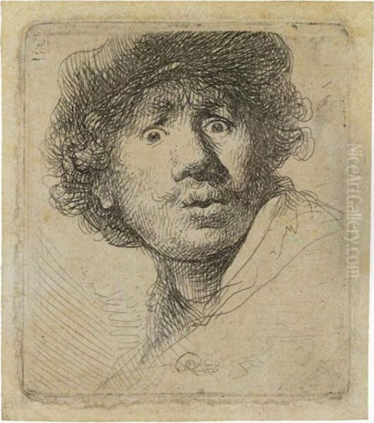 Self Portrait In A Cap, Open-mouthed Oil Painting by Rembrandt Van Rijn