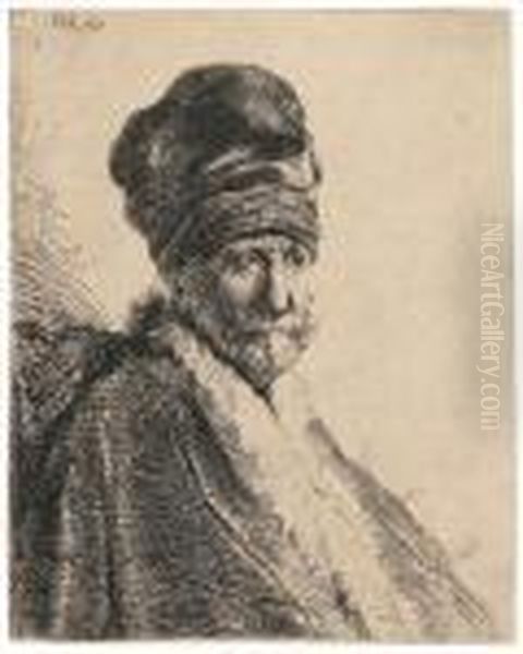 Bust Of A Man Wearing A High Cap Oil Painting by Rembrandt Van Rijn