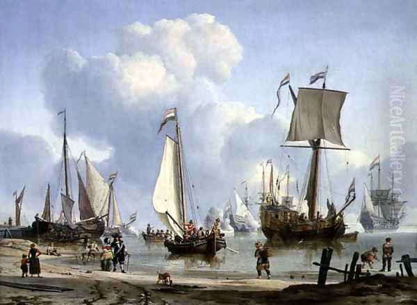 Ships in Calm Water with Figures by the Shore Oil Painting by Abraham Storck