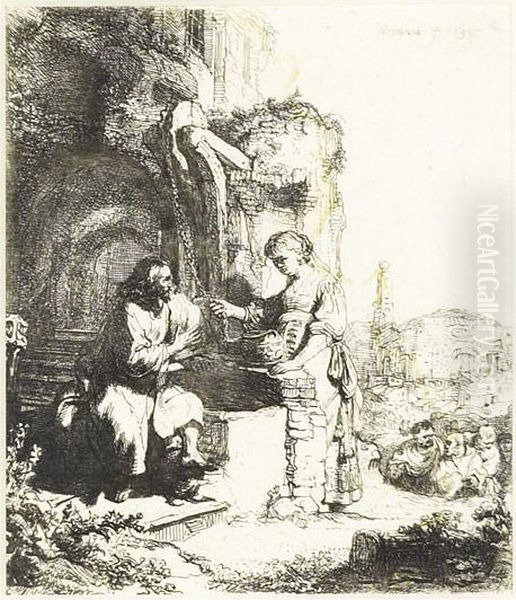 Christ And The Woman Of Samaria Among Ruins Oil Painting by Rembrandt Van Rijn