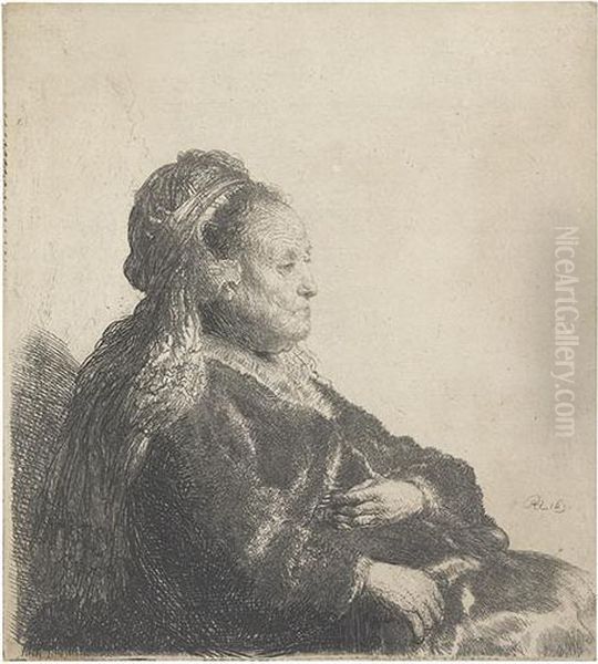 The Artist's Mother Seated, In An Oriental Headdress: Half Length. Oil Painting by Rembrandt Van Rijn