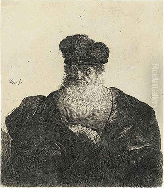 Old Man With Beard, Fur Cap And Velvet Cloak Oil Painting by Rembrandt Van Rijn