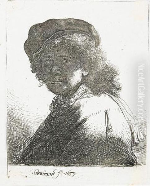 Self Portrait In A Cap And Scarf With The Face Dark: Bust. Oil Painting by Rembrandt Van Rijn