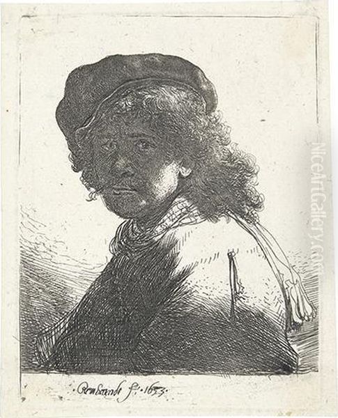 Self Portrait In A Cap And Scarf With The Face Dark: Bust. Oil Painting by Rembrandt Van Rijn