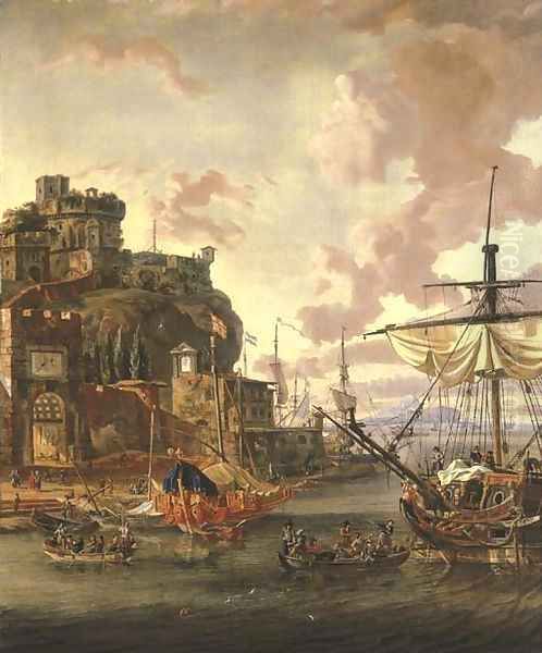 A capriccio of a Mediterranean port with with men-o'-war and figures in rowing boats Oil Painting by Abraham Storck