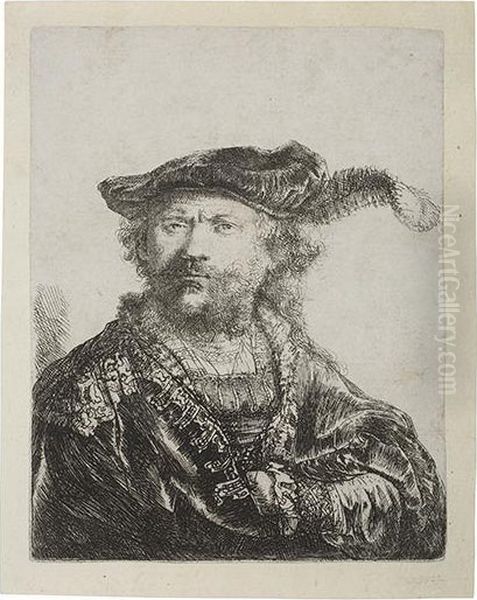 Self Portrait In A Velvet Cap And Plume. Oil Painting by Rembrandt Van Rijn