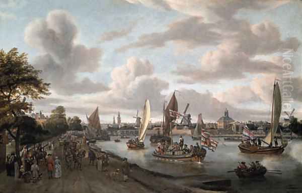 A View of Amsterdam with a trekschuit and smalschepen on the river Buiten-Amstel near the hooge sluis, with elegant figures Oil Painting by Abraham Storck