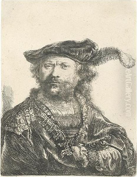 Self Portrait In A Velvet Cap And Plume. Oil Painting by Rembrandt Van Rijn