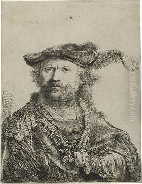 Self Portrait In A Velvet Cap And Plume. Oil Painting by Rembrandt Van Rijn