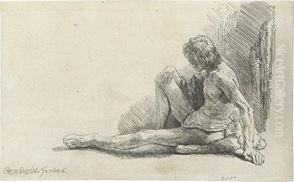 Nude Man Seated On The Ground With One Leg Extended. Oil Painting by Rembrandt Van Rijn