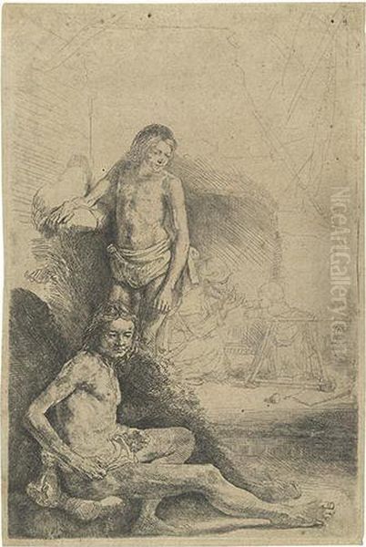 Nude Man Seated And Another Standing With A Woman And A Baby. Oil Painting by Rembrandt Van Rijn