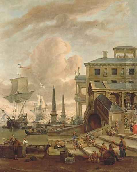 A capriccio of a Mediterranean harbour with stevedores, orientals and elegant figures, with shipping beyond Oil Painting by Abraham Storck