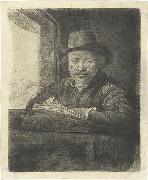 Self Portrait Drawing At A Window. Oil Painting by Rembrandt Van Rijn