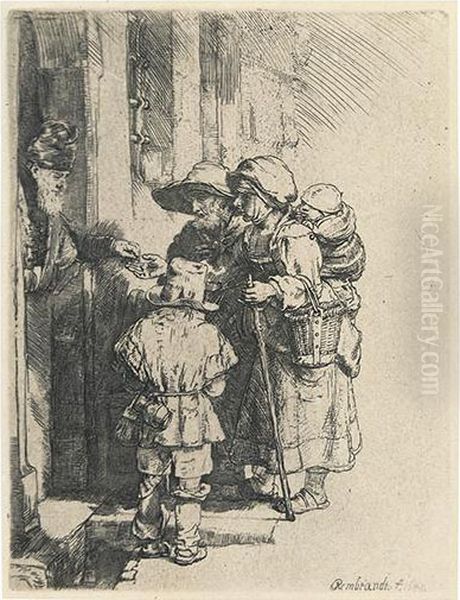 Beggars Receiving Alms At A Door. Oil Painting by Rembrandt Van Rijn