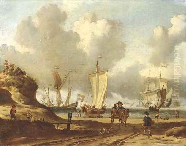 A dune coastal landscape with a couple in a horse-drawn wagon and fishermen on the beach, shipping beyond Oil Painting by Abraham Storck