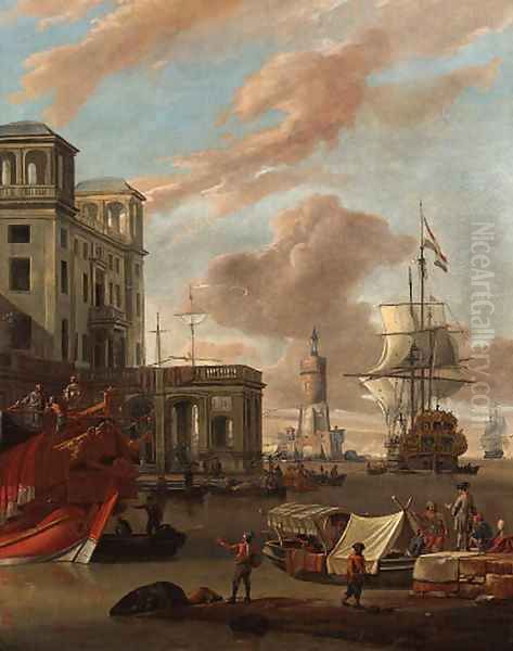 A Mediterranean port with traders by a quay, a princely galley, a Dutch man-o-war and other shipping beyond Oil Painting by Abraham Storck