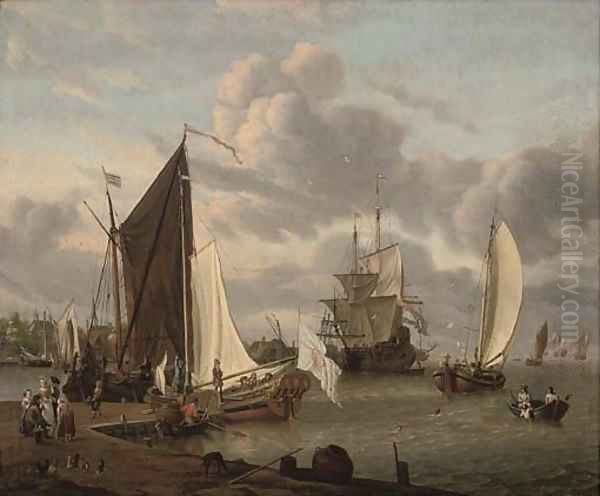 A port with smalschips and a man-o'-war, with fisherfolk and elegant company Oil Painting by Abraham Storck