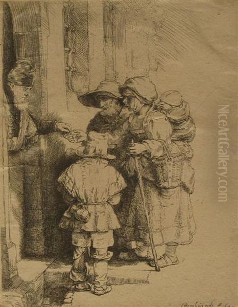 Beggars Receiving Alms At A Door Oil Painting by Rembrandt Van Rijn