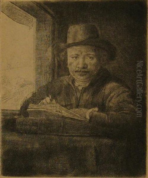 Rembrandt Drawing At A Window Oil Painting by Rembrandt Van Rijn