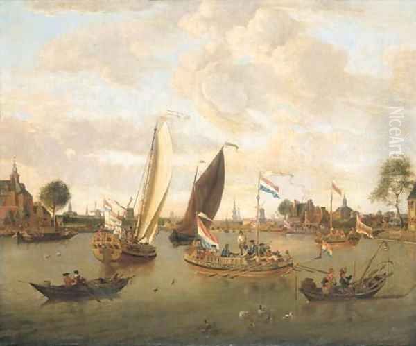 A view of Amsterdam with the Trekschuit and Smalschips on the River Buiten-Amstel near the Hooge Sluis with elegant figures, carriages and townsfolk Oil Painting by Abraham Storck