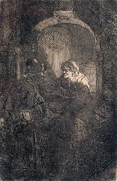 Mujer En La Puerta Hablando Con Hombre Y Ninos Oil Painting by Rembrandt Van Rijn