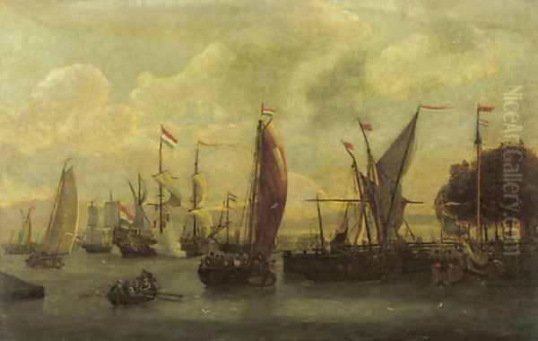 A view of the IJ, Amsterdam with a threemaster firing a salute and a State-yacht moored by a jetty Oil Painting by Abraham Storck