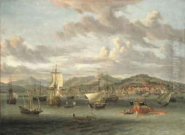 Dutch shipping off the Bay of Smyrna with a state barge Oil Painting by Abraham Storck