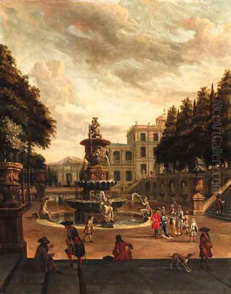 Elegant figures promenading in the grounds of a villa Oil Painting by Abraham Storck