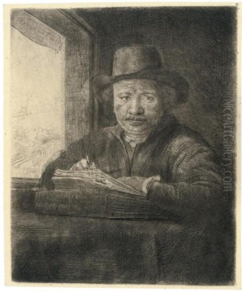 Self-portrait Drawing At A Window Oil Painting by Rembrandt Van Rijn