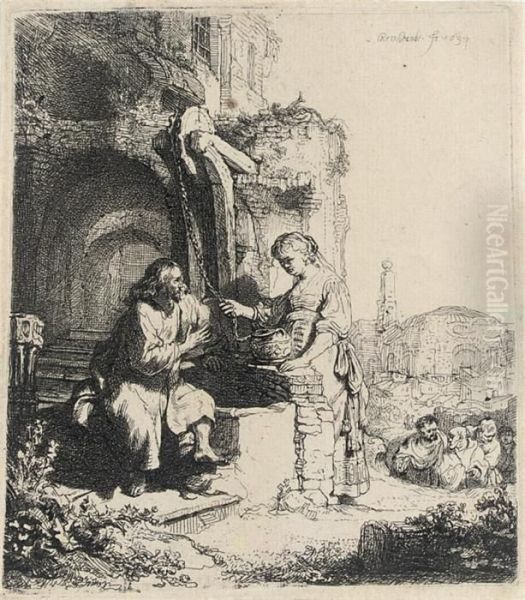 Christ And The Woman Of Samaria Among Ruins Oil Painting by Rembrandt Van Rijn