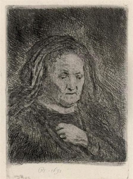 The Artist's Mother With Her Hands On Her Chest: Small Bust Oil Painting by Rembrandt Van Rijn