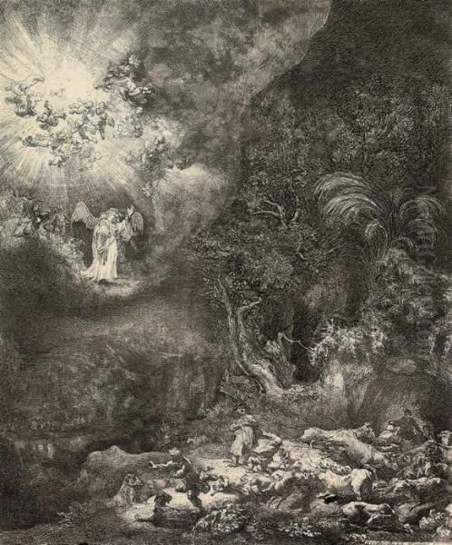 The Angel Appearing To The Shepherds Oil Painting by Rembrandt Van Rijn