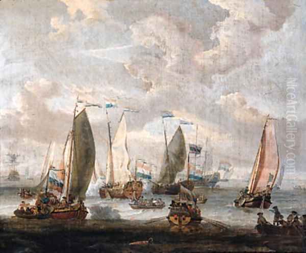 State yachts, rowing boats and other shipping, welcoming the arrival of merchantmen from the West Indian Company on the Y, Amsterdam Oil Painting by Abraham Storck