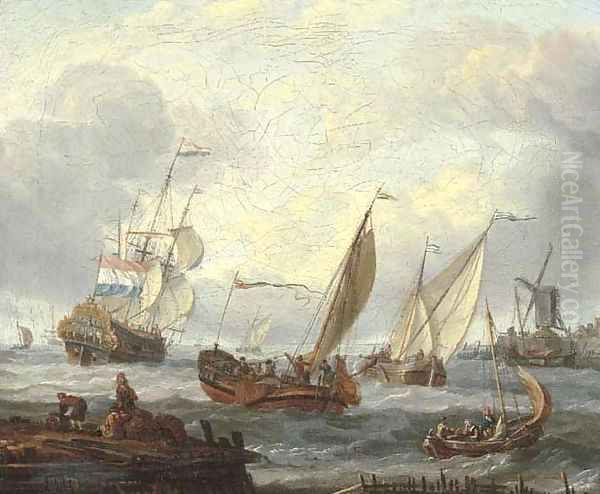 Wijdschepen setting out from a harbour by a windmill with fishermen on a jetty nearby, a man-o'-war and other shipping in the distance Oil Painting by Abraham Storck