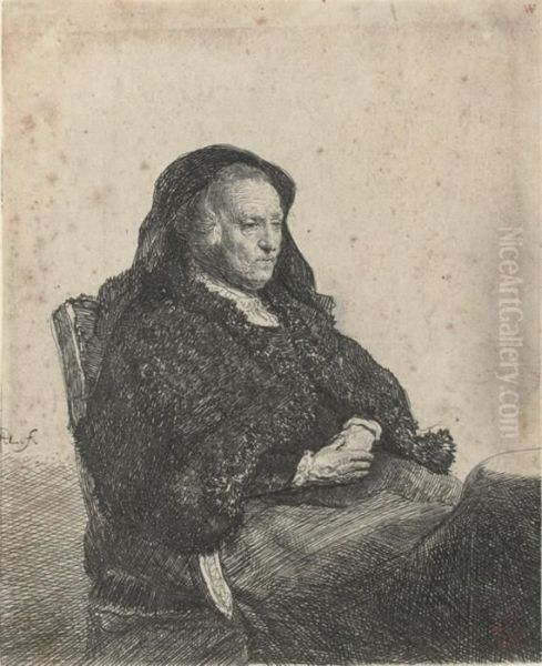 The Artist's Mother Seated At A Table Oil Painting by Rembrandt Van Rijn