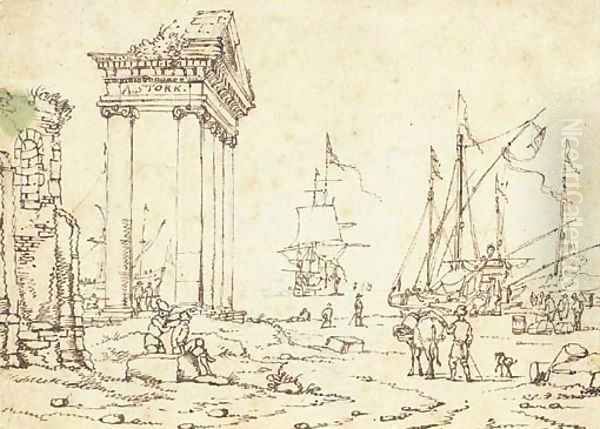 Figures among classical ruins, ships in a port seen beyond Oil Painting by Abraham Storck