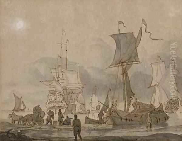 Figures loading a lighter on a beach, a fleet at anchor beyond Oil Painting by Abraham Storck