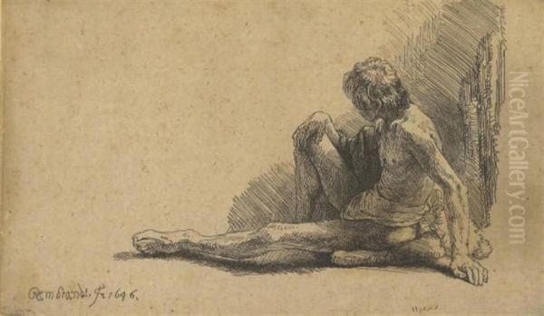 Nude Man Seated On The Ground With One Leg Extended Oil Painting by Rembrandt Van Rijn