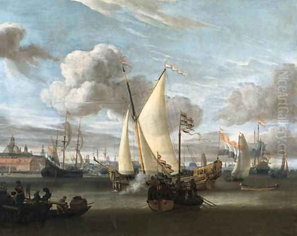 Shipping in the Harbour of Amsterdam with a Dutch East India Company yacht and a state barge in the foreground Oil Painting by Abraham Storck