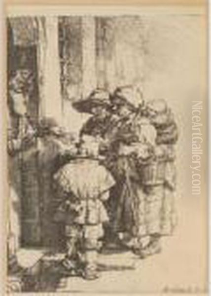 Trio Of Beggars Receiving Alms At The Door Oil Painting by Rembrandt Van Rijn