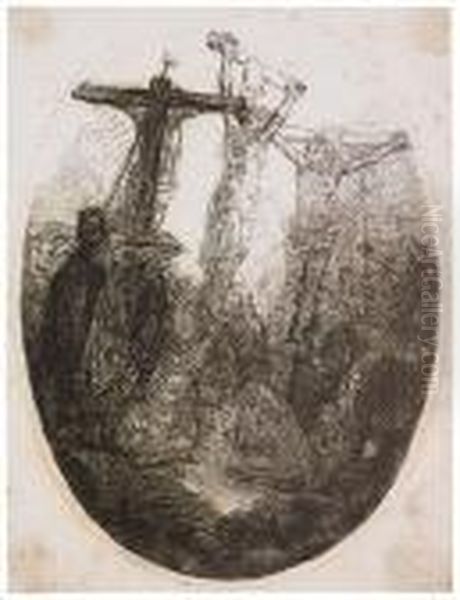 Christ Crucified Between The Two Thieves: An Oval Plate. Oil Painting by Rembrandt Van Rijn