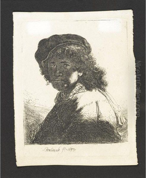 Self-portrait In A Cap And Scarf With The Face Dark Oil Painting by Rembrandt Van Rijn