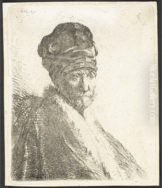 Bust Of A Man Wearing A High Cap Oil Painting by Rembrandt Van Rijn