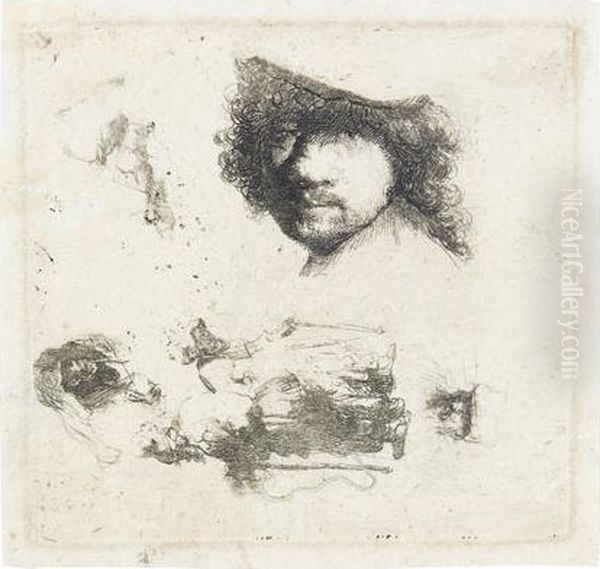 Sheet Of Studies: Head Of The Artist, A Beggar Couple. Oil Painting by Rembrandt Van Rijn