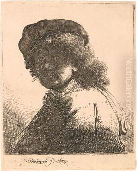 Self Portrait In A Cap And Scarf With The Face Dark: Bust. Oil Painting by Rembrandt Van Rijn