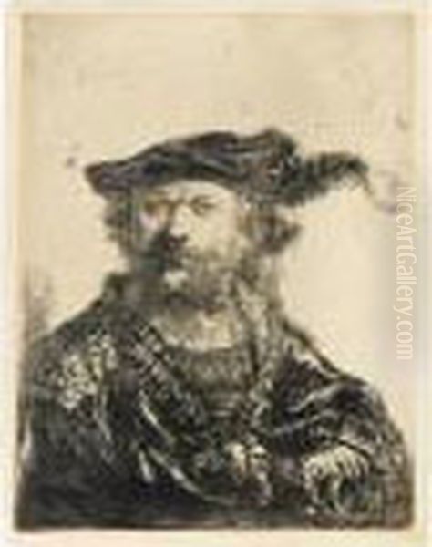 Self Portrait In A Velvet Cap And Plume. Oil Painting by Rembrandt Van Rijn