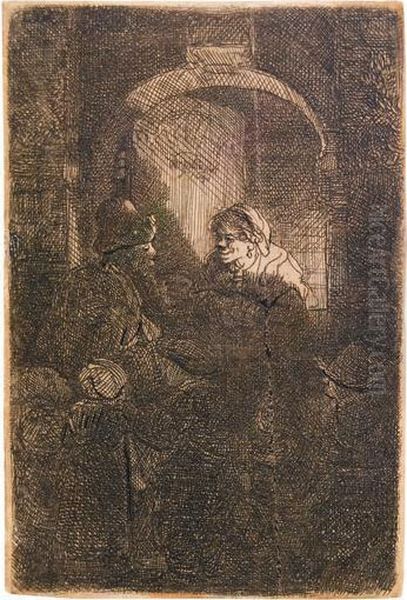 Woman At A Door Hatch Talking To A Man And Children. Oil Painting by Rembrandt Van Rijn