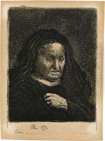 The Artist's Mother With Her Hand On Her Chest: Small Bust. Oil Painting by Rembrandt Van Rijn