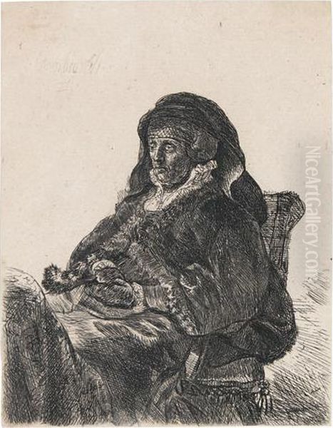 The Artist's Mother Seated, In A Widow's Dress And Black Gloves. Oil Painting by Rembrandt Van Rijn